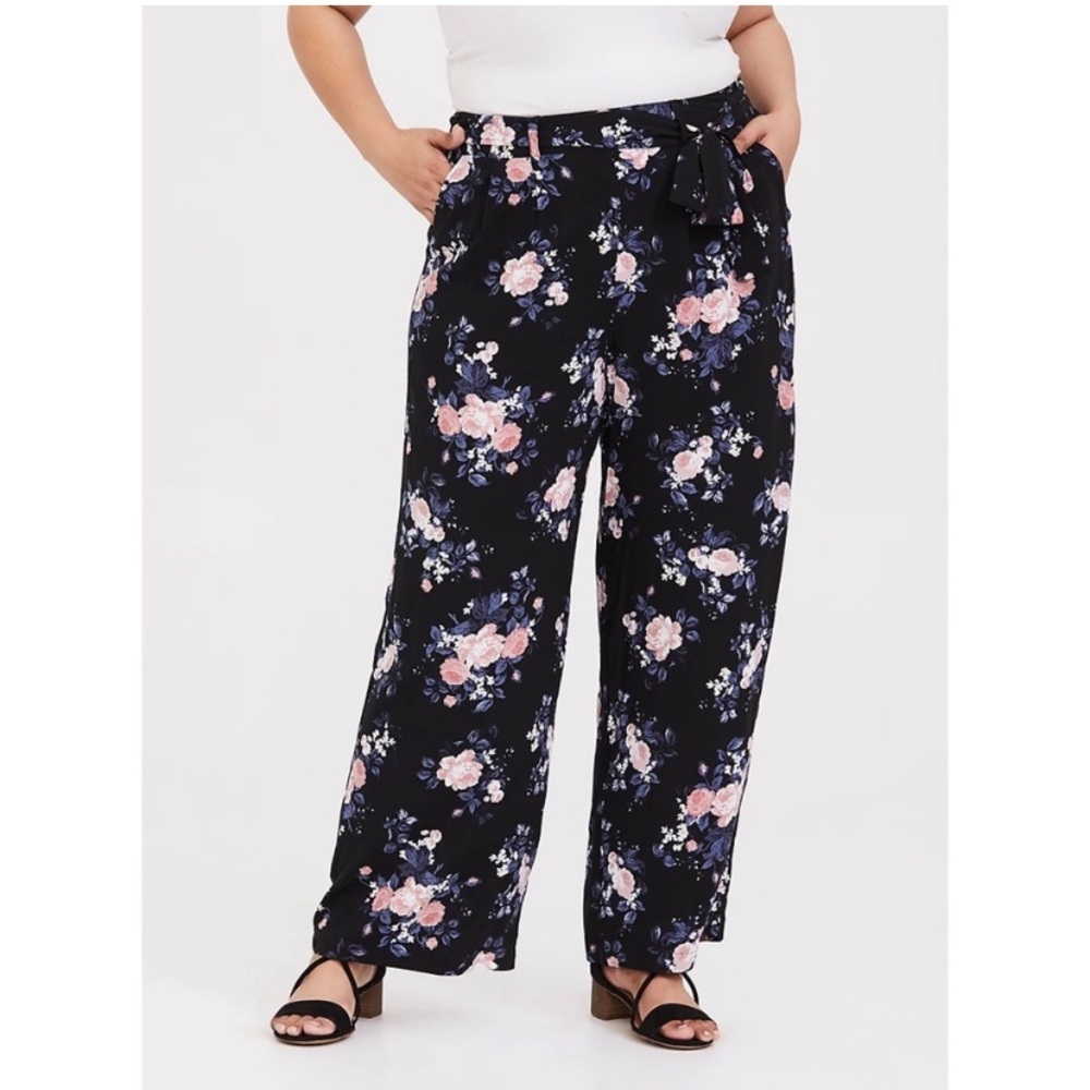 torrid Black Floral Wide Leg Tie-Waist Pants